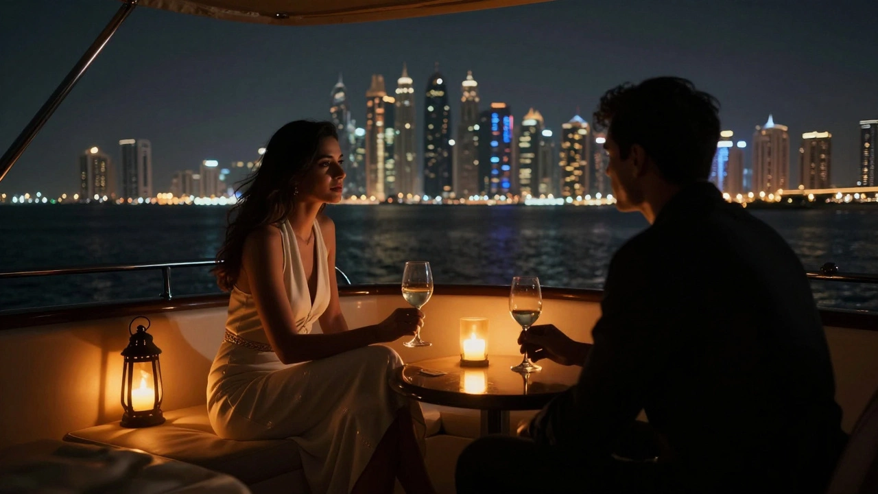 A couple on a private yacht at night, silhouetted against Dubai’s skyline, no faces visible.