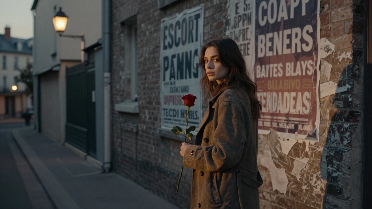 A woman standing alone in a dim alley in Montmartre, holding a rose, with peeling escort ads on the wall.