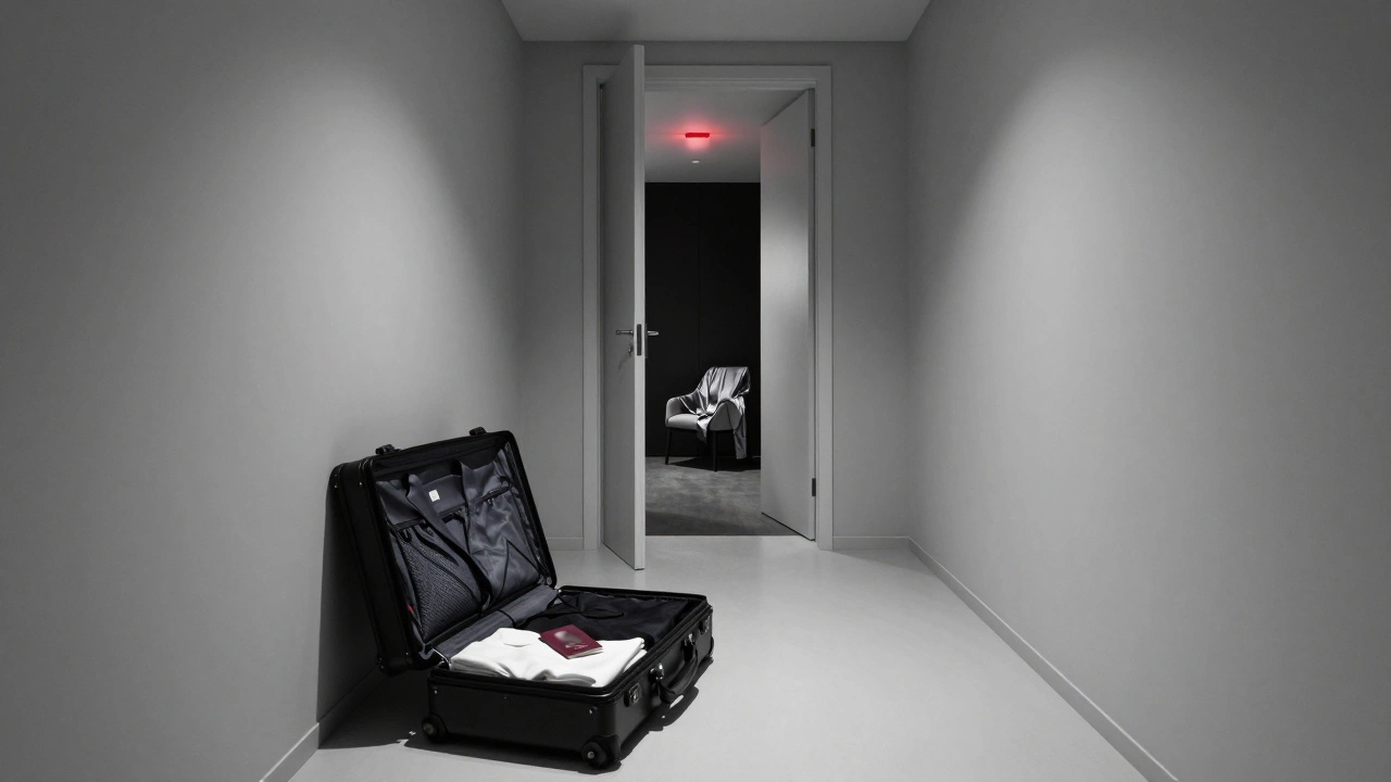 An open suitcase in a luxury hotel corridor, revealing designer clothes and a blurred passport.